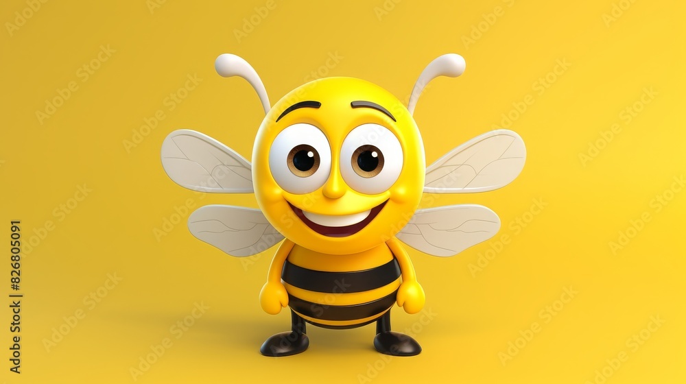 Cute animated bee character with a cheerful expression, black and yellow stripes, and white wings on a vibrant yellow background. Cute animated bee character with a cheerful expression, black and yellow stripes, and white wings on a vibrant yellow background.