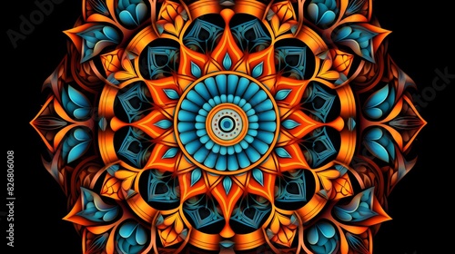 Symmetrical mandala, intricate details, vibrant colors, balanced design, abstract pattern photo