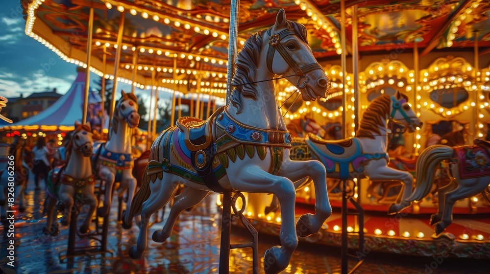 Children enjoying a carousel ride at an amusement park, detailed horses ...