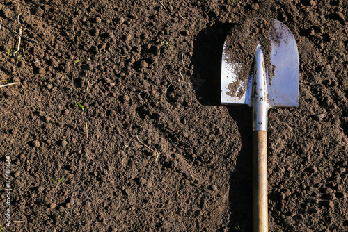 Brown soil ground texture background with copyspace and shovel on sun in sunlight in farm garden. Organic farming, gardening, growing, agriculture concept photo