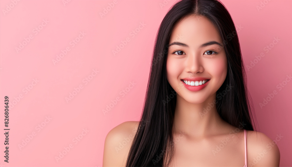 Smiling young woman with blonde long groomed hair isolated on pastel flat background with copy space. Blonde hair care products banner template, hair Smiling young woman with blonde long groomed hair isolated on pastel flat background with copy space. Blonde hair care products banner template, hair