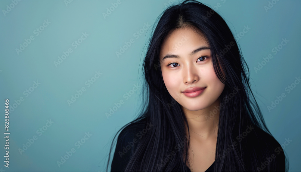 Smiling young woman with black long groomed hair isolated on pastel flat background with copy space. Black hair care products banner template, hair Smiling young woman with black long groomed hair isolated on pastel flat background with copy space. Black hair care products banner template, hair