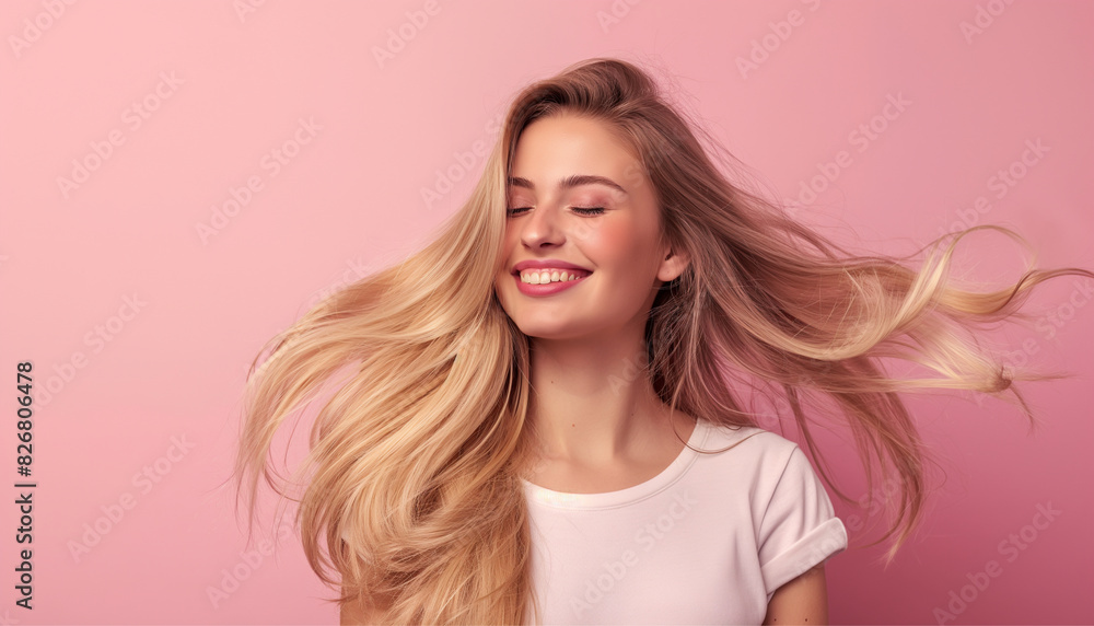 Smiling young woman with blonde long groomed hair isolated on pastel flat background with copy space. Blonde hair care products banner template, hair Smiling young woman with blonde long groomed hair isolated on pastel flat background with copy space. Blonde hair care products banner template, hair