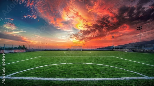 Empty soccer field under dramatic sunset sky