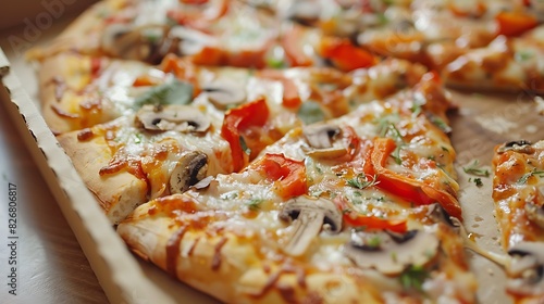 Slices of Italian vegetable pizza With cheese and mushrooms and champignons, In a cardboard box or packaging for delivery, on a wooden kitchen table, at home, in a cafe or pizzeria.