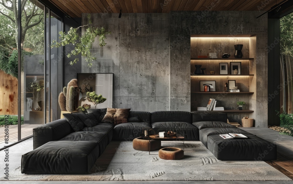 Chic industrial living room with lush green accents Chic industrial living room with lush green accents