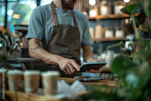 Closeup shot of Caucasian cashier hands. Seller using touch pad for accepting client customer payment. Small business of coffee shop cafeteria.