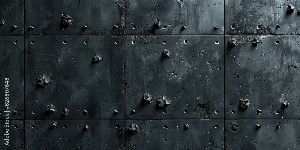 Fototapeta premium Dark metallic wall pocked with indentations and debris