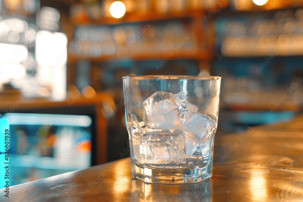Gorgeous view of transparent old-fashioned glass with ice cubes standing on bar counter on blurred background - generative ai Gorgeous view of transparent old-fashioned glass with ice cubes standing on bar counter on blurred background - generative ai