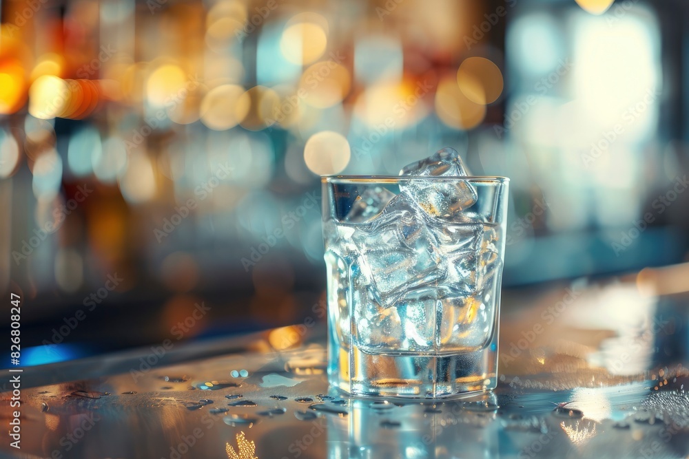 Gorgeous view of transparent old-fashioned glass with ice cubes standing on bar counter on blurred background - generative ai Gorgeous view of transparent old-fashioned glass with ice cubes standing on bar counter on blurred background - generative ai