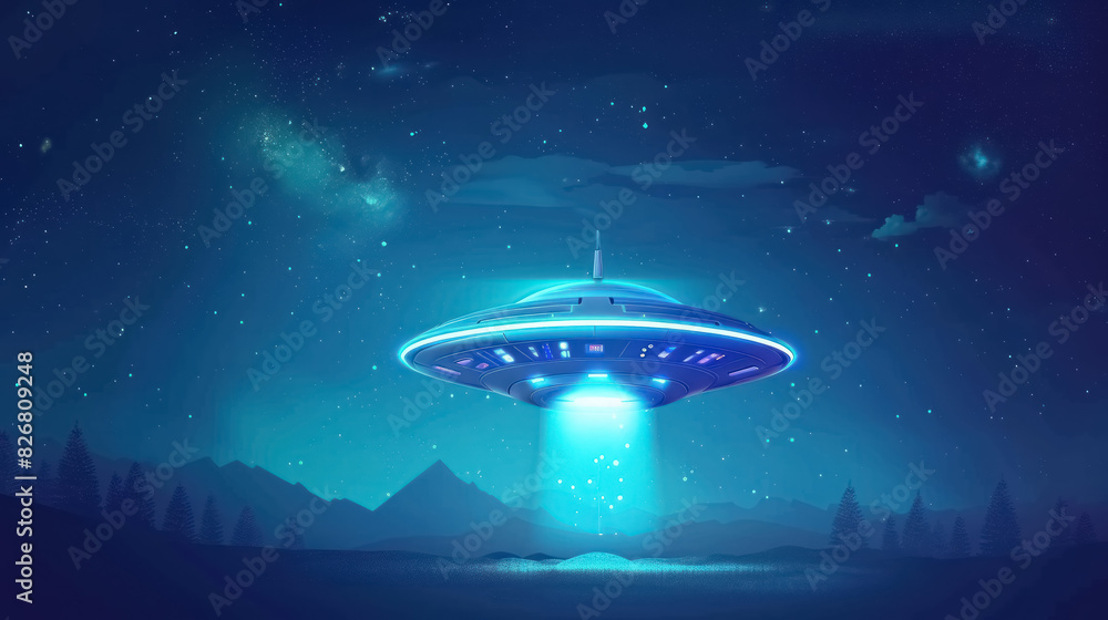 fantasy ufo abduction scene with blue glowing lights in night sky over mountains fantasy ufo abduction scene with blue glowing lights in night sky over mountains