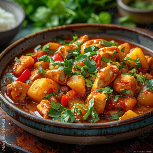 a sumptuous bowl of xinjian spicy chicken loaded with chunks of chicken, a spicy broth, infused with herbs and spices, garnished with coriander and sesame seed photo