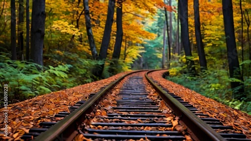 Rail road way in empty autumn forest. 