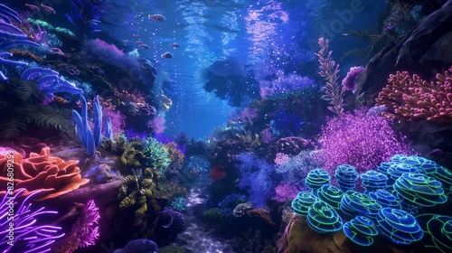 A virtual underwater paradise teeming with bioluminescent creatures, navigating through intricate coral reefs. 32k, full ultra hd, high resolution