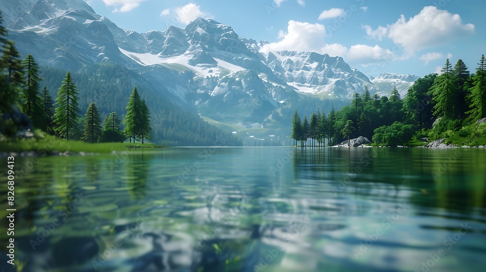 Fresh view of a mountain lake with crystal-clear water