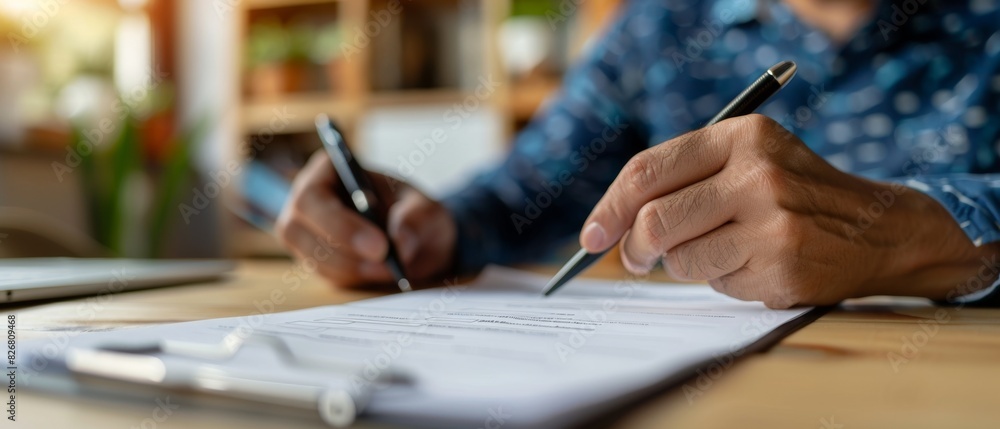 Close-up of hands signing and writing documents on a desk with a pen, showcasing detailed professional paperwork in a work environment. Close-up of hands signing and writing documents on a desk with a pen, showcasing detailed professional paperwork in a work environment.