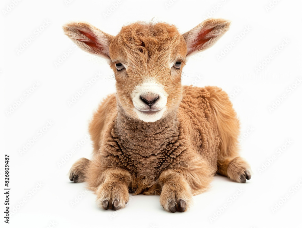 Cute baby goat resting on a white background Cute baby goat resting on a white background