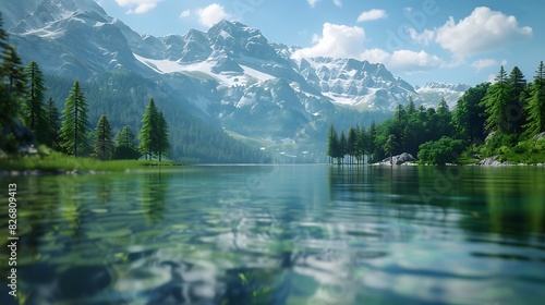 Fresh view of a mountain lake with crystal-clear water