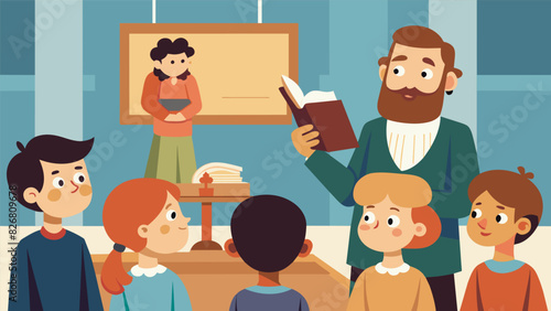 A young Sunday school class eagerly listen to their teacher as they learn about the history of their religion through the museums exhibits.. Vector illustration