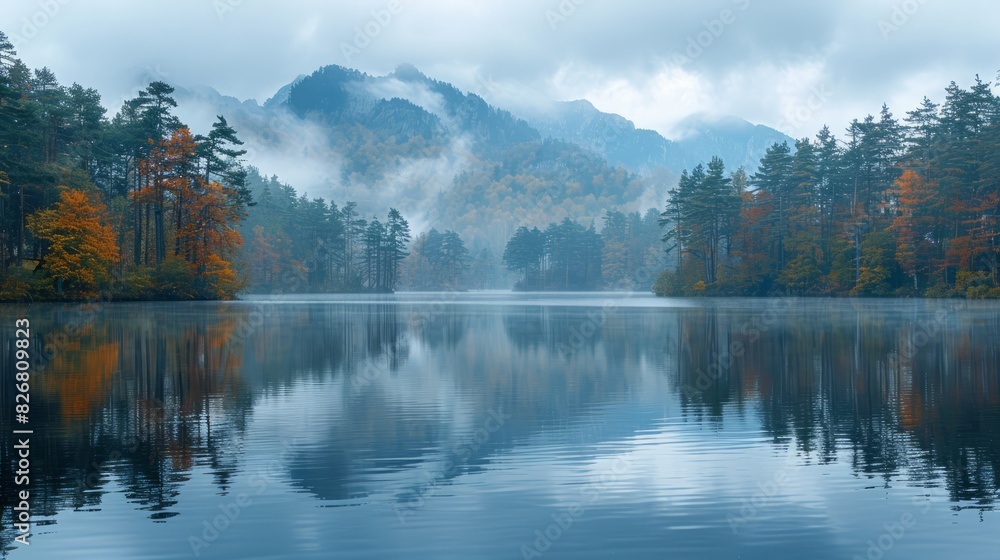 Fototapeta premium A tranquil lake reflecting the surrounding trees and mountains, with a gentle mist rising in the early morning light.