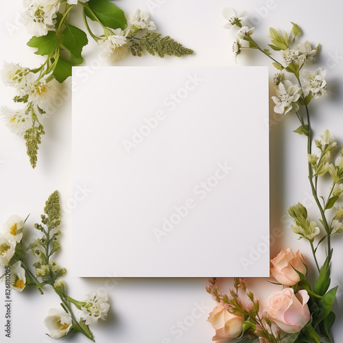 Colorful floral square border frame, paper note in center. Composition with beautiful flowers, and copy space. Festive concept for 8 March, Mothers, Valentines, Woman day. .Spring or summer banner photo