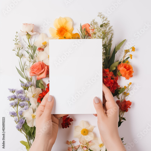 Colorful floral square border frame with hands. Composition with beautiful flowers, and copy space. Festive concept for 8 March, Mothers, Valentines, Woman day.Spring or summer banner