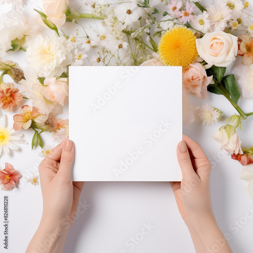 Colorful floral square border frame with hands. Composition with beautiful flowers, and copy space. Festive concept for 8 March, Mothers, Valentines, Woman day.Spring or summer banner