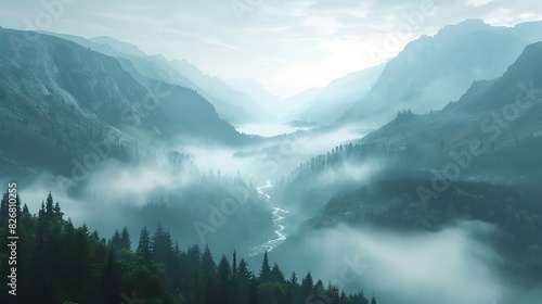Fresh view of a misty morning in the mountains with a river running through photo