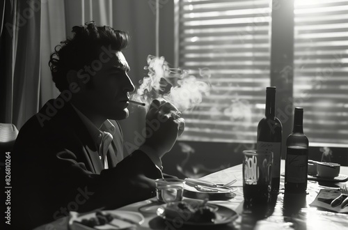 Realistic indoor black-and-white 1950s photograph of an intense-looking Italian film director seen in profile, sitting at a table and smoking. From the series �Art Film - Black and White.�