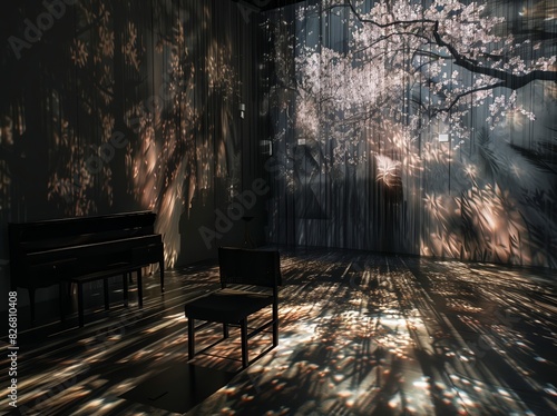 Realistic indoor color photo of an immersive art installation showing projections of trees in spring bloom, volumetric lighting, light and shadow. From the series �Imaginary Museums.�