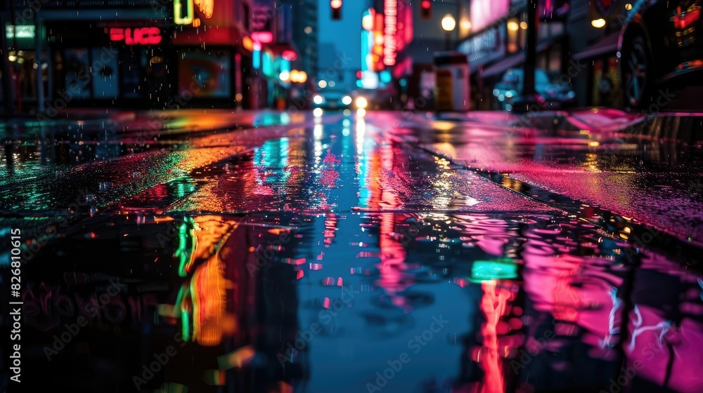 Neon reflecting on wet pavement at night Neon reflecting on wet pavement at night