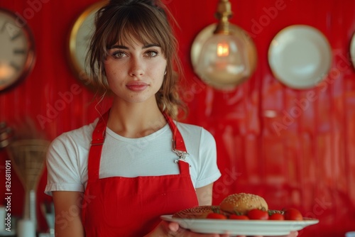 A waitress in a redthemed diner, serving food, smiling, attending guests in a modern restaurant photo