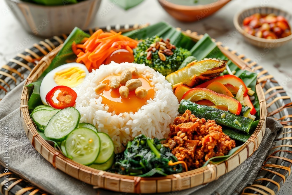 Nasi Pecel, Indonesia Food Rice and Vegetables with Boiled Egg and Peanut Sauce with perkedel, bakwan, peyek, fried egg and sate kerang, ikan lele. Traditional concept - generative ai Nasi Pecel, Indonesia Food Rice and Vegetables with Boiled Egg and Peanut Sauce with perkedel, bakwan, peyek, fried egg and sate kerang, ikan lele. Traditional concept - generative ai