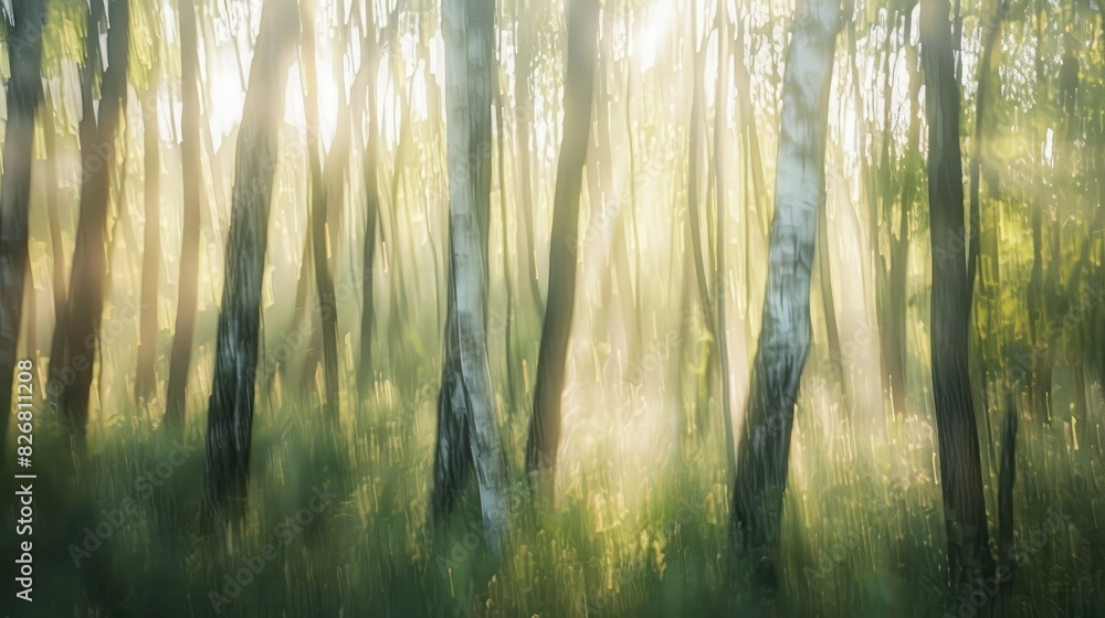 Softly blurred forest with sunlit trees Softly blurred forest with sunlit trees
