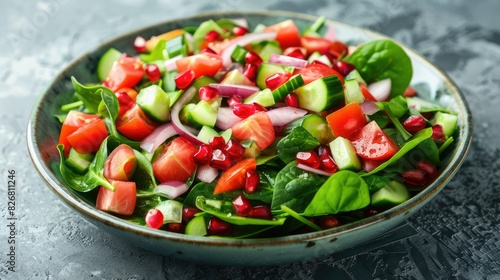 Spinach salad with fresh cucumbers, tomato, onion, pomegranate in bowl