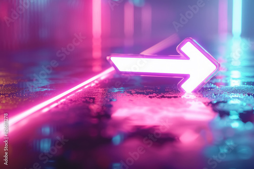 neon direction arrow glowing in a futuristic urban environment