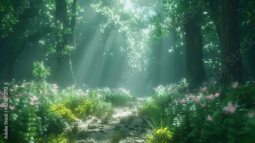 Fresh view of a misty forest path with sunlight filtering through