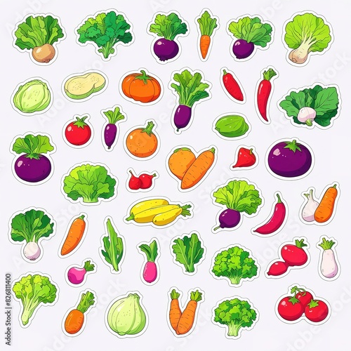 set of fruits and vegetables stickers all on white background