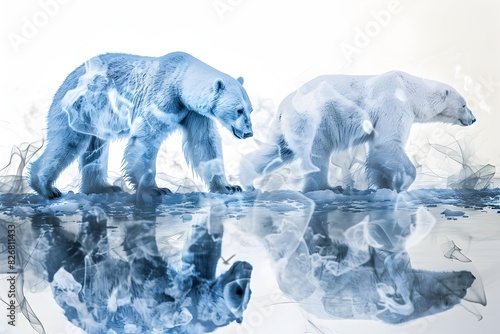 Sleek Polar Bears Navigating Shrinking Arctic Ice Floes in Mesmerizing Reflection © Ratchadaporn