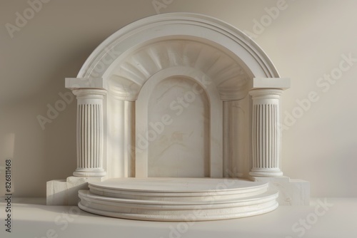 Classic white marble podium with columns for exhibition.