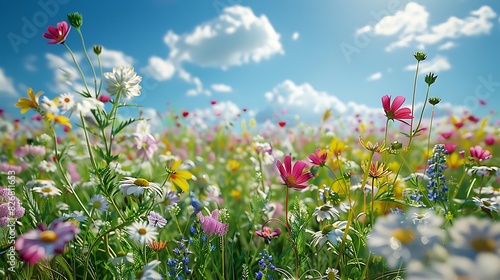 Fresh view of a meadow with wildflowers under a clear blue sky
