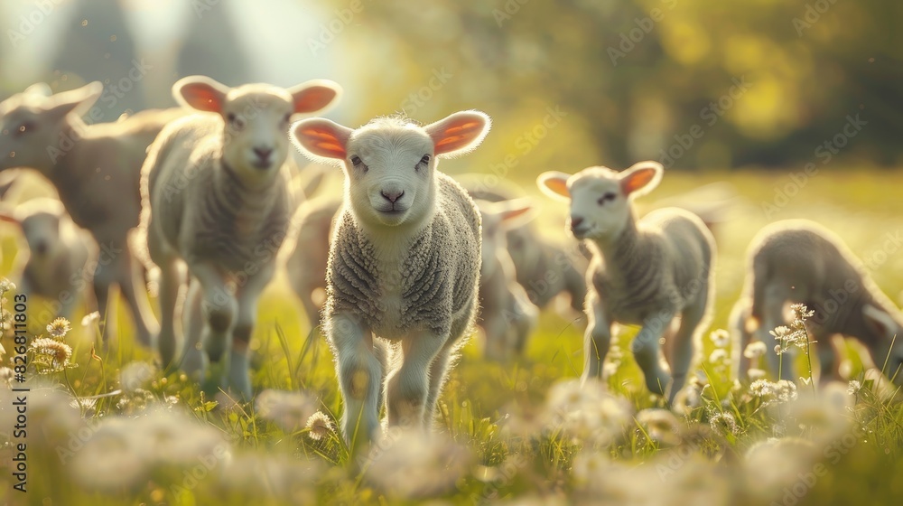 Lambs frolicking in a spring meadow alongside their mothers as Easter approaches Lambs frolicking in a spring meadow alongside their mothers as Easter approaches