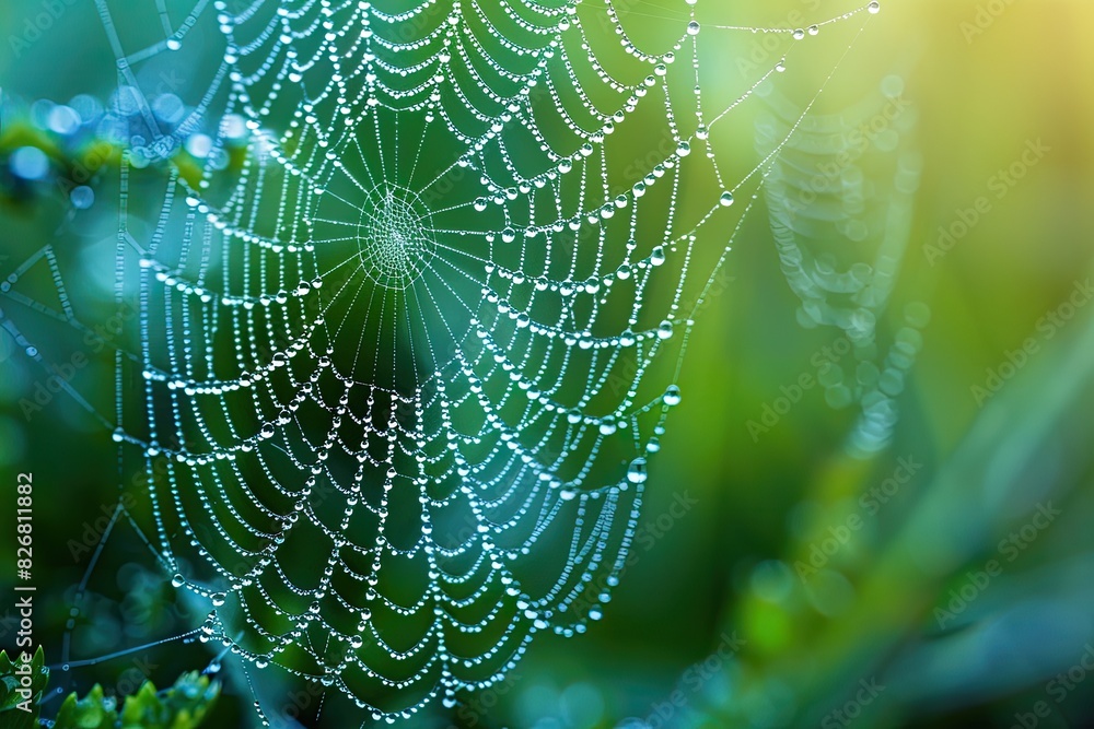 A spider web with water droplets on it A spider web with water droplets on it