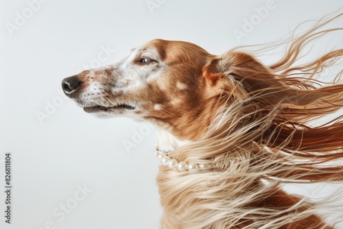 a greyhound with long red hair blowing in the wind and wearing a pearl choker necklace, elegant dog portrait