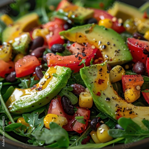 a vibrant bowl of salad featuring fresh mixed greens of avocado slices, tomatoes and leafy greens, garnished with sprinkles of spices for taste