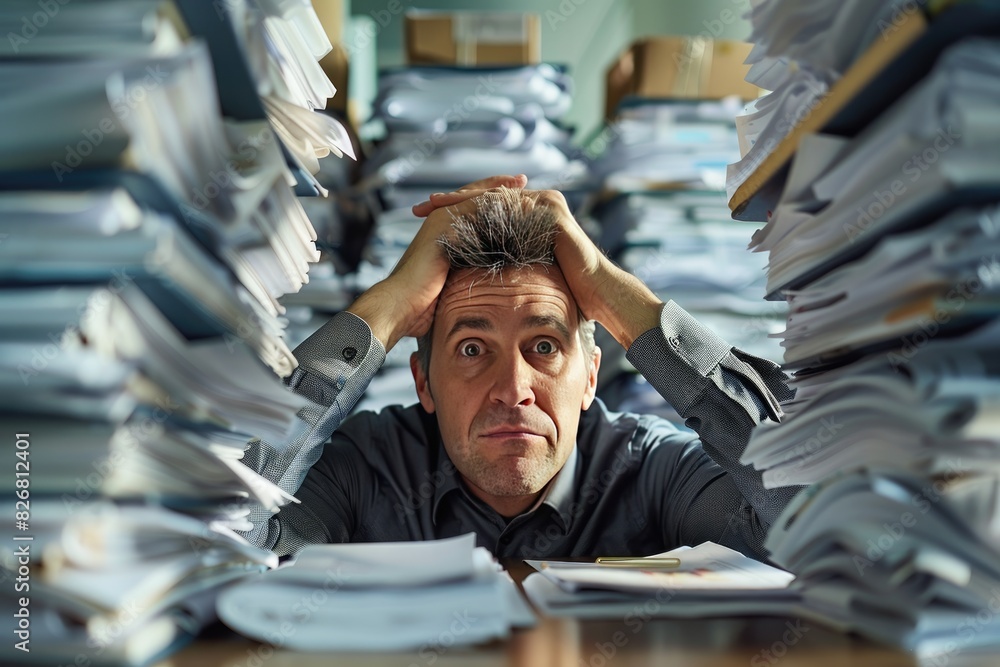 A man is sitting in a pile of papers and looking very stressed. Concept of chaos and disorganization, as well as the overwhelming feeling of being buried under a mountain of paperwork A man is sitting in a pile of papers and looking very stressed. Concept of chaos and disorganization, as well as the overwhelming feeling of being buried under a mountain of paperwork