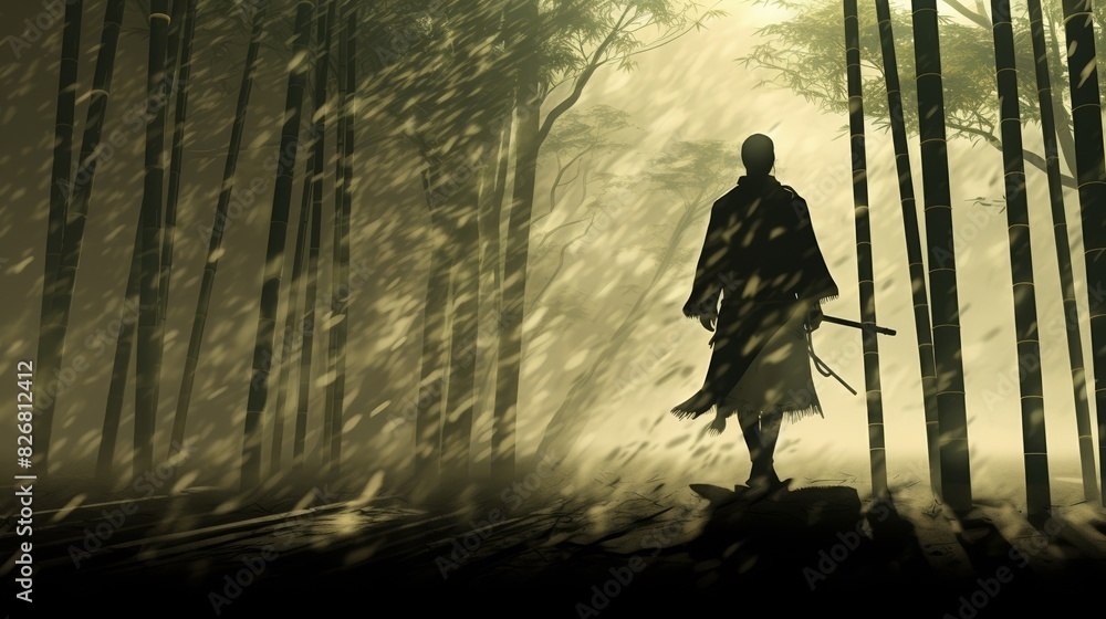Samurai in bamboo forest, misty morning, dappled sunlight, low angle, intense anime style Samurai in bamboo forest, misty morning, dappled sunlight, low angle, intense anime style