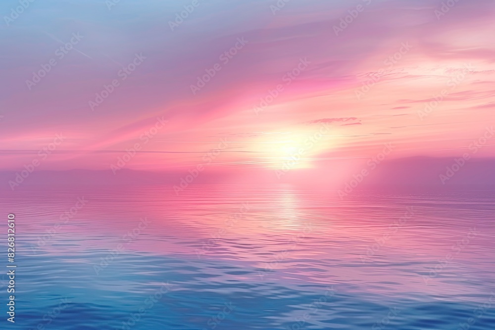 A beautiful sunset over the ocean with pink and blue hues. The sky is filled with clouds and the water is calm A beautiful sunset over the ocean with pink and blue hues. The sky is filled with clouds and the water is calm