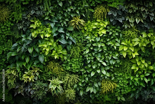 Vertical garden wall  various plant types  rich green tones  urban sustainability  eco-friendly ambiance