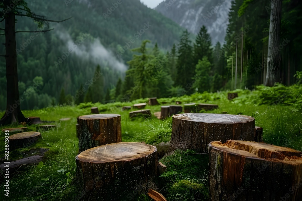 Fototapeta premium Serene Forested Glade with Weathered Tree Stumps in Tranquil Mountain Landscape